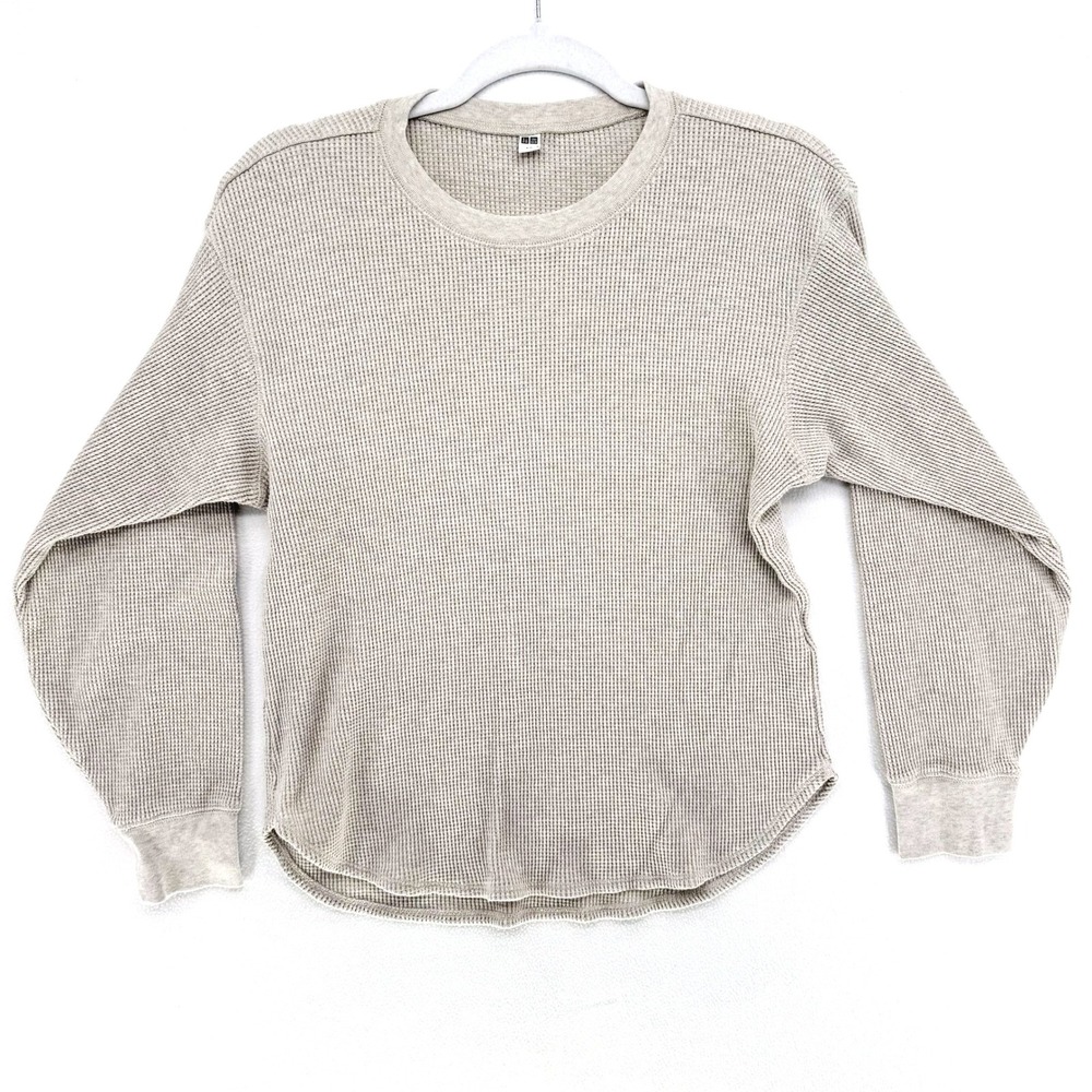 Uniqlo Waffle Knit Top Women Small Beige Long‎ Sleeve Thermal Crew Neck - Picture 2 of 8